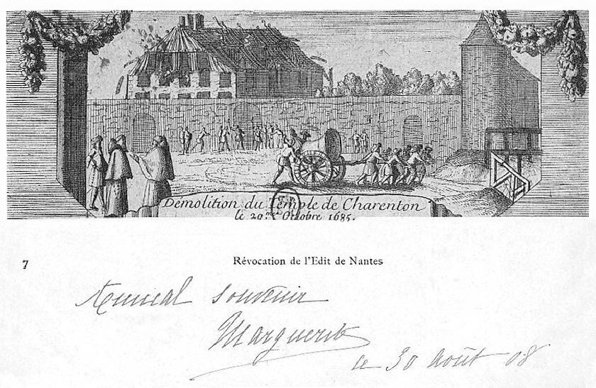Carte postale ancienne représentant la démolition du deuxième temple protestant de Charenton en 1685.