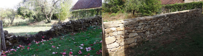 Saint-Bonin-des-Bois, Nièvre : mur de clôture avant puis après restauration