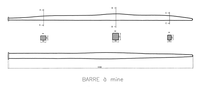 Barre à mine de section carrée; dessin Gérald Pinault