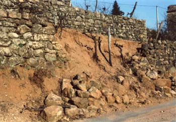 Estivajols (Gard) : brèche dans un mur de soutènement en bordure de route © Michel Rouvière