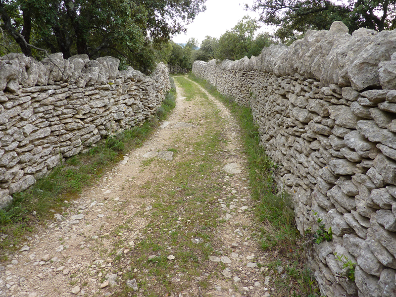 Gordes (Vaucluse) : chemin de terre bordé de murs. Photo Jean Laffitte.